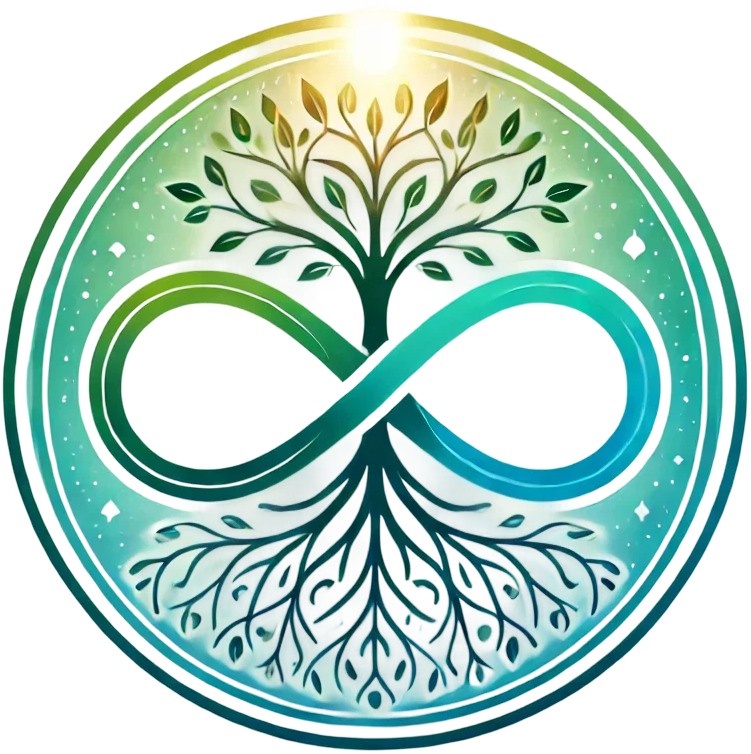 Logo Un-Finity : arbre de vie dont le tronc forme le symbole infini, racines lumineuses, dans un cercle